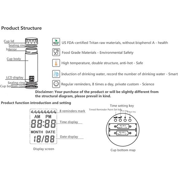 Pyrus VShow 8Time Digital Clock Water Bottle 320mL White Body Black Top AAA - Picture 6 of 10